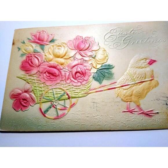 Easter Postcard Raised Image Baby Chick Fantasy Cart 1909 Airbrushed P Sanders - Picture 2 of 4